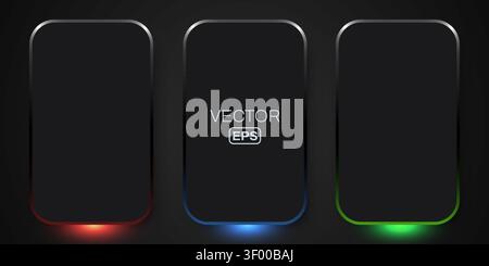 Modern dark smartphone templates with neon glow effect. Glossy frame screen background. Vector illustration Stock Vector