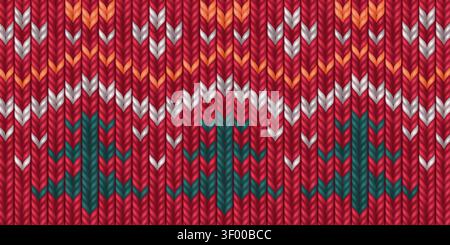 Nordic red sweater pattern with traditional Christmas knit design, realistic vector background. Seamless texture, decorative winter motifs with green trees, fairisle knitwear style for festive jumpers Stock Vector