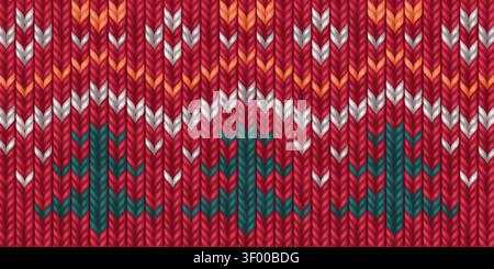 Nordic red sweater pattern with traditional Christmas knit design, realistic vector background. Seamless texture, decorative winter motifs with green trees, fairisle knitwear style for festive jumpers Stock Vector