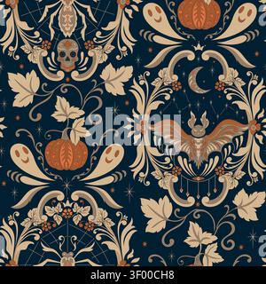Gothic Halloween Damask Seamless Pattern with Pumpkins Bats and Skulls Stock Vector