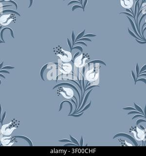 Blue Botanical Seamless Pattern with Stylized Floral Sprigs Stock Vector