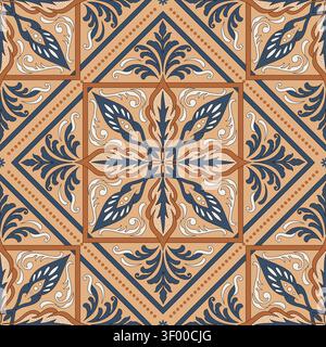 Terracotta and Navy Azulejo Tile Seamless Floral Pattern Stock Vector