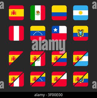 Spanish language country flags set, Spain and Latin America. Square icons with rounded corners. Simple stylized cartoon flat vector style. Stock Vector