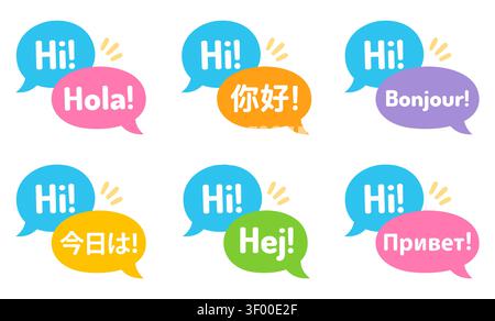 Speech bubbles saying Hi in different languages. Simple cartoon style vector illustration set. Language learning, translation, international communica Stock Vector