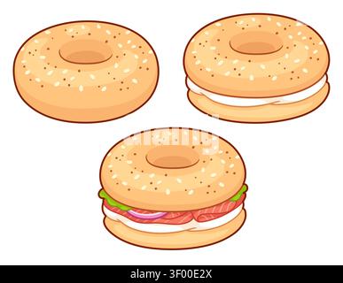 Traditional bagel drawing set. Whole, with cream cheese, and sandwich with lox or smoked salmon. Hand drawn cartoon style vector illustration. Stock Vector