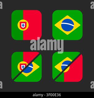 Portuguese language country flags set, Portugal and Brazil. Square icons with rounded corners. Simple stylized cartoon flat vector style. Stock Vector