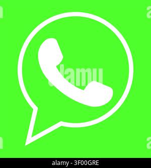 A flat green square icon featuring a white telephone handset inside a rounded speech bubble, representing social media messaging and mobile communicat Stock Vector