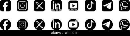 A comprehensive collection of popular social media platform logos featuring both square and circular design styles, perfect for website interfaces, mo Stock Vector