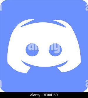 A high-quality digital illustration of the official Discord social media platform logo featuring a white controller mascot symbol on a flat purple rou Stock Vector