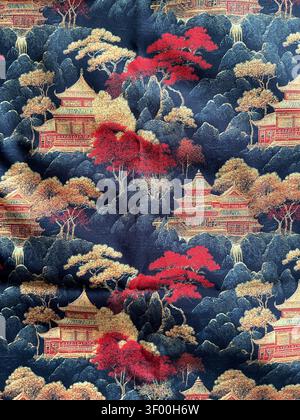 Traditional Japanese fabric print with classic pagoda and mountain landscape pattern in rich red, gold and navy blue on dark blue background Stock Photo
