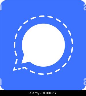 A clean and simple square vector icon featuring a white speech bubble inside a blue rounded box, accented by a subtle dashed circular line, perfect fo Stock Vector