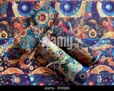 Rolled bundles of vibrant Japanese fabric strips, featuring waves, circles and colorful motifs in blues, oranges and golds, on a quilt in progress Stock Photo