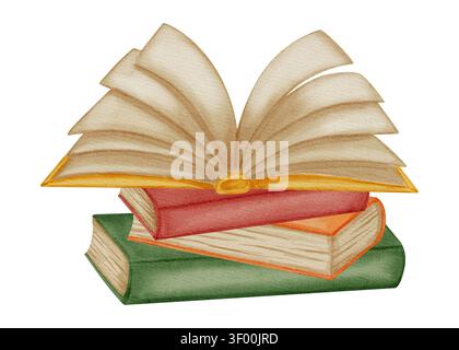 Watercolor illustration of an open antique book lying on a neat stack of colorful hardback books. Clean blank pages ready for text. Ideal for school, Stock Photo