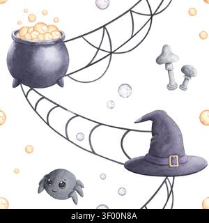 Watercolor seamless pattern with boiling cauldron, witch hat, bubbles and spider web isolated on white background. Hand drawn illustration with cute f Stock Photo