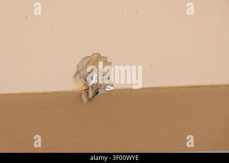 A detailed view of a hole in a textured wall, revealing the underlying concrete and metal structure, indicating decay or damage Stock Photo