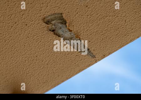 A detailed view of a rough, sandy-colored wall with a section of damage revealing underlying material, set against a clear blue sky Stock Photo