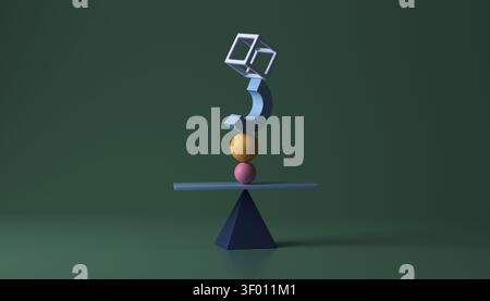 An abstract composition of geometric shapes balancing in an asymmetric manner on a dark green background. Features cubes, spheres, and pyramids in a m Stock Photo