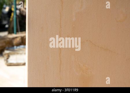 A detailed view of a rough, sandy-colored wall surface showing faint discoloration from moisture, with an out-of-focus outdoor scene behind it Stock Photo