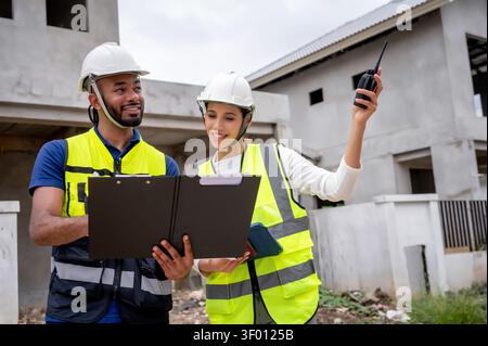 Civil construction site managers holding clipboard at residential construction site, inspection unfinished residential building during daytime, scene Stock Photo