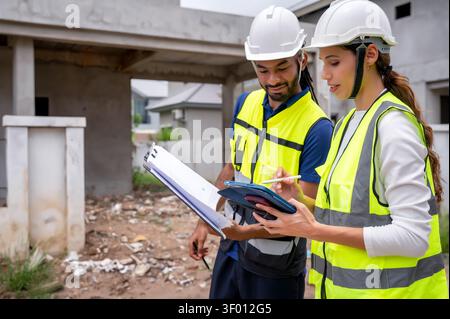 Civil construction site managers holding clipboard at residential construction site, discuss progress of work while inspection unfinished residential Stock Photo