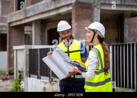 Project manager women and civil engineer wearing vests and hard hats inspect the quality of roofing materials, discussing details of material selectio Stock Photo
