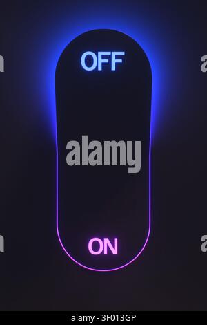 Illuminated neon switch displaying OFF and ON states in blue and pink hues against a dark background, highlighting the contrast in a modern electronic Stock Photo