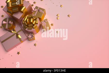 A stunning arrangement of gift boxes in various sizes, wrapped with elegant golden ribbons, rests beautifully on a soft pink background with scattered Stock Photo
