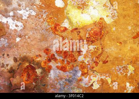 Fine art abstract close-up of weathered plaster wall with rusty orange patina and peeling paint, creating a rustic textured background in Guadalajara, Stock Photo
