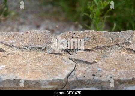 Detailed view of weathered stone showing fissures and texture, with soft green plants out of focus behind it Stock Photo