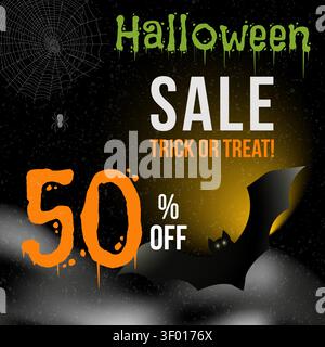Halloween Sale Poster with Discount, Spooky Background with Bat and Spider Web. Banner with Spooky Elements. Stock Vector