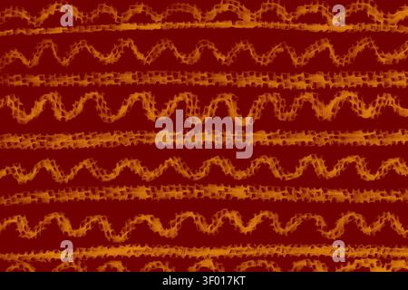 Abstract seamless pattern with orange zigzag and wavy brushstroke stripes over a deep red background, featuring a rough woven texture. Ideal for texti Stock Photo