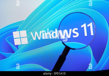 CHICAGO, IL, USA - JULY 15, 2021: The Windows 11 logo and text are prominently displayed on a screen, featuring a blue abstract background. The screen Stock Photo