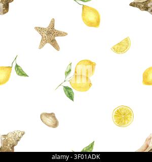 Watercolor seamless pattern with lemons, seashells, starfish and citrus slices. Hand painted coastal illustration for fabric, wallpaper, beach textile Stock Photo