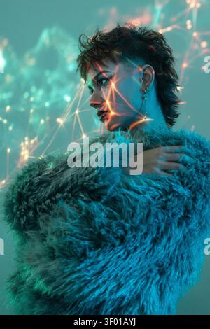 Side-profile portrait of a cyberpunk young woman in a fluffy coat, lit by teal neon and holographic network lines, futuristic mood, high-tech nightlif Stock Photo