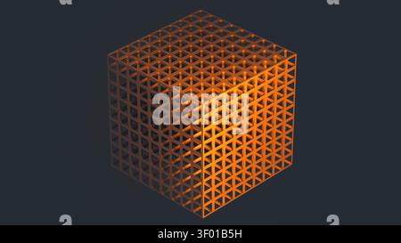 A glowing geometric cube rests in a dark setting. The cube features a lattice grid that highlights its structure and design. Stock Photo