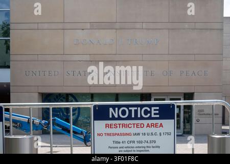 Washington, DC - President Donald Trump's name, added to the United States Institute of Peace building months after Trump tried to dismantle the indep Stock Photo