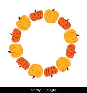 Orange and yellow pumpkin wreath in simple hand drawn style, flat vector round frame with harvest vegetables for autumn banner. Stock Vector