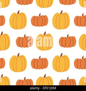 Orange and yellow pumpkin seamless pattern in simple hand drawn style, flat vector autumn background for thanksgiving wrapping paper Stock Vector