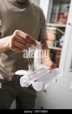 Vertical cropped shot of hands removing clump of white pet fur from reusable hair remover tool. Domestic chore of cleaning furniture or clothes from Stock Photo