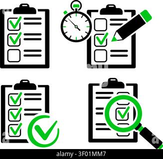 Set icons education test with pencil, stopwatch, magnifying glass, clipboard with checklist. online testing, audit concept. successfully completed che Stock Vector