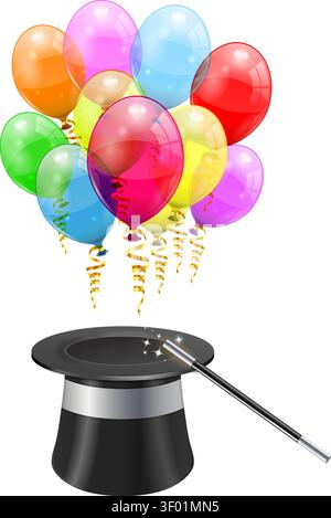 Magician Hat with 3D Transparent Birthday Balloons and Streamer, easy change color, icon isolated on white background, vector illustration Stock Vector