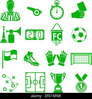 Soccer and Football Icon Set for Flyer, Poster, Web Site. Vector Illustration isolated on white. Stock Vector