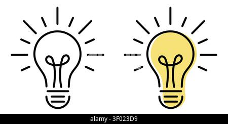 Set of two minimalist vector line art light bulb icons, isolated on white background. One is a black outline, and the other is a black outline with a Stock Vector