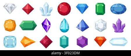 Set of various colorful vector gemstones and crystals in a flat design style, isolated on white background. Includes diamonds, rubies, emeralds, sapph Stock Vector