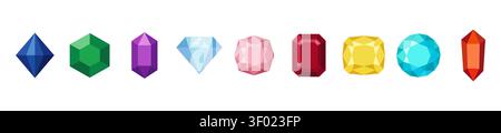 Set of various colorful vector gemstones and crystals in a flat design style, isolated on white background. Includes diamonds, rubies, emeralds, sapph Stock Vector
