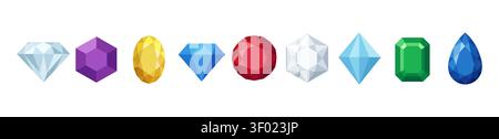 Set of various colorful vector gemstones and crystals in a flat design style, isolated on white background. Includes diamonds, rubies, emeralds, sapph Stock Vector