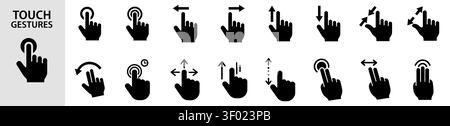 Set of solid vector icons representing various smartphone touch screen gestures, isolated on white background. Includes taps, swipes, pinches, and mul Stock Vector