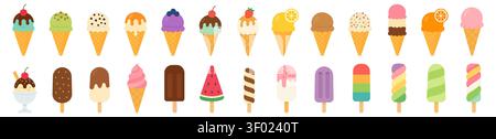 Large set of flat vector illustrations of various ice cream treats, isolated on white background. Includes assorted ice cream cones, popsicles, soft s Stock Vector