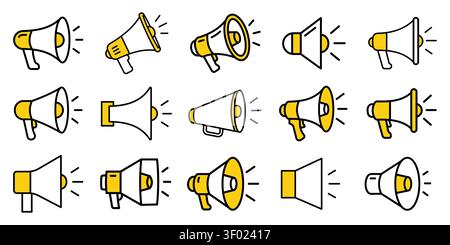 Set of flat line art icons of megaphones and loudspeakers in yellow and black colors, isolated on white background. Various styles of audio broadcast Stock Vector