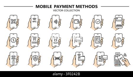 Collection of linear vector icons representing modern mobile payment methods and digital transactions. Includes hand holding a smartphone with NFC, QR Stock Vector